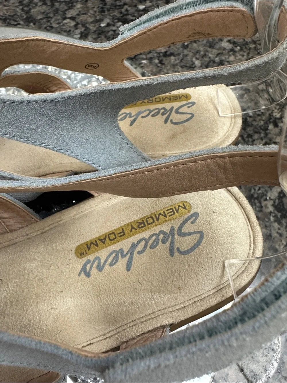 Skechers Light Gray blue Suede Wedge Sandal with Tan Platform 9